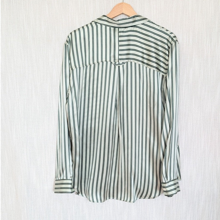 Rails Spencer Silk Blouse Shirt Womens L Green Striped Long Sleeve NWT