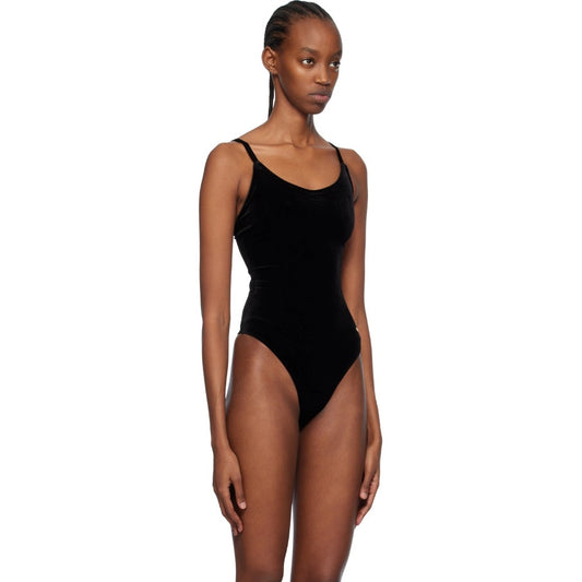 Anine Bing Alissa Bodysuit Womens Black Velour Logo Scoop Sleeveless Minimalist