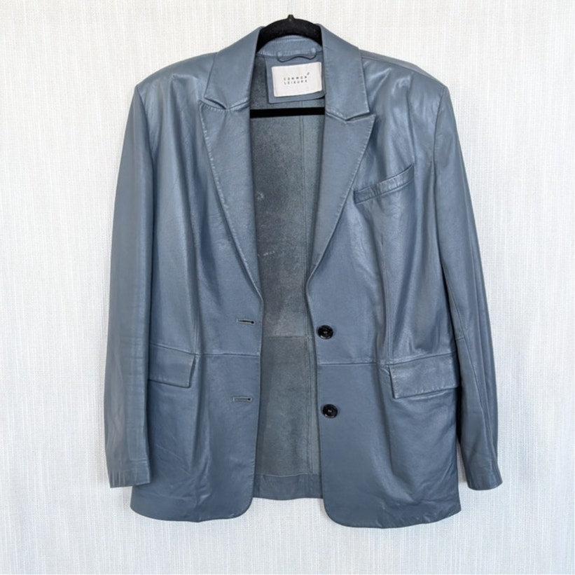Common Leisure Power Blazer Suit Jacket Womens S Gray Blue Leather Oversized