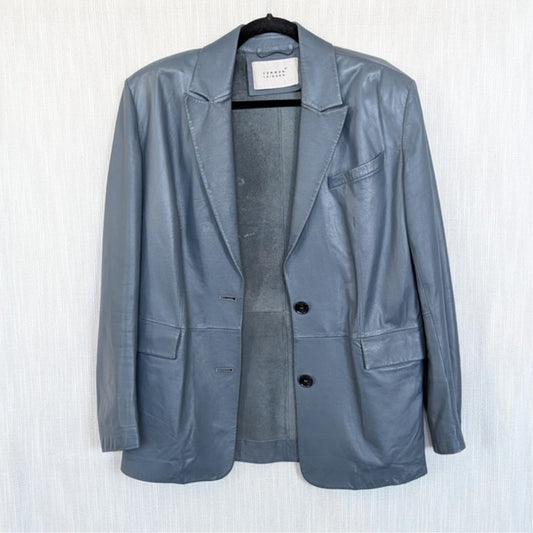 Common Leisure Power Blazer Suit Jacket Womens S Gray Blue Leather Oversized