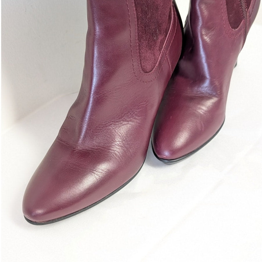 Aquatalia Wine Burgundy Leather Suede Knee-High Boots Womens 10 High Heel
