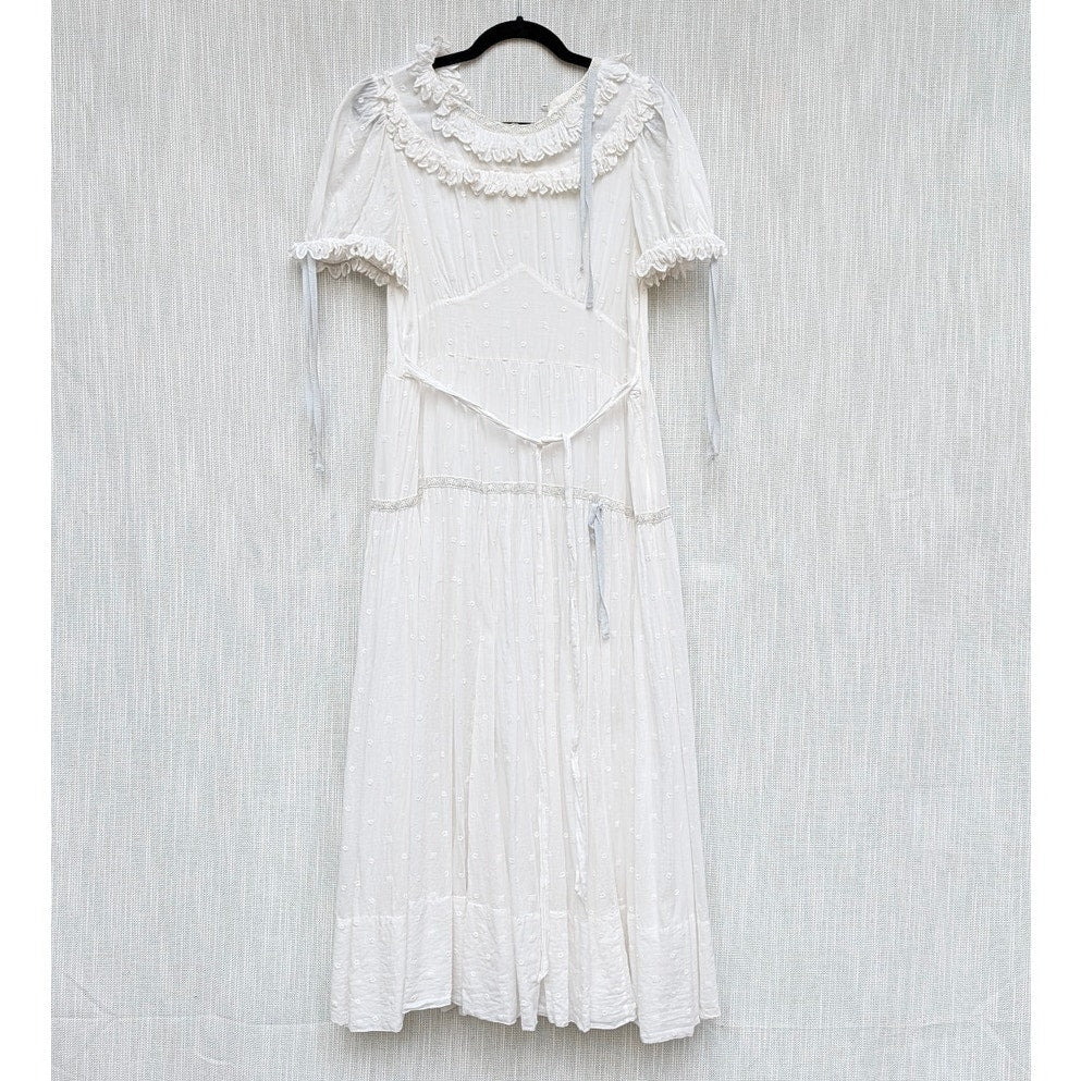 Dôen Doen Fiore Dress Womens L White Cotton Short Sleeve Romantic Ruffle Midi