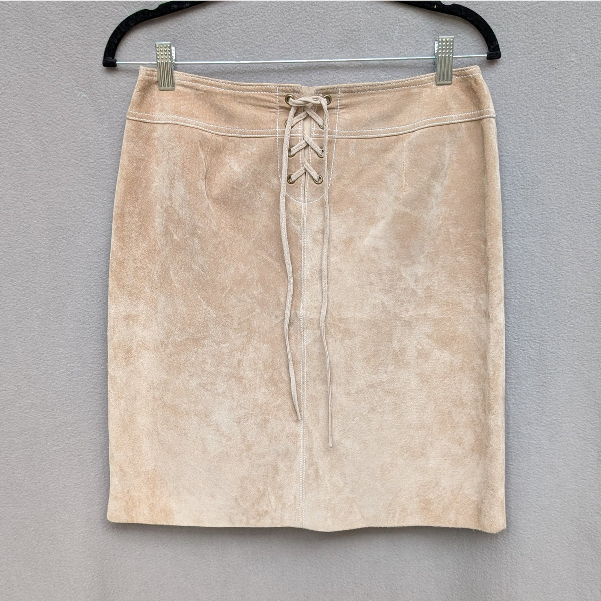 Doncaster Tan Suede Leather Tie Waist Straight Pencil Short Skirt, size 6