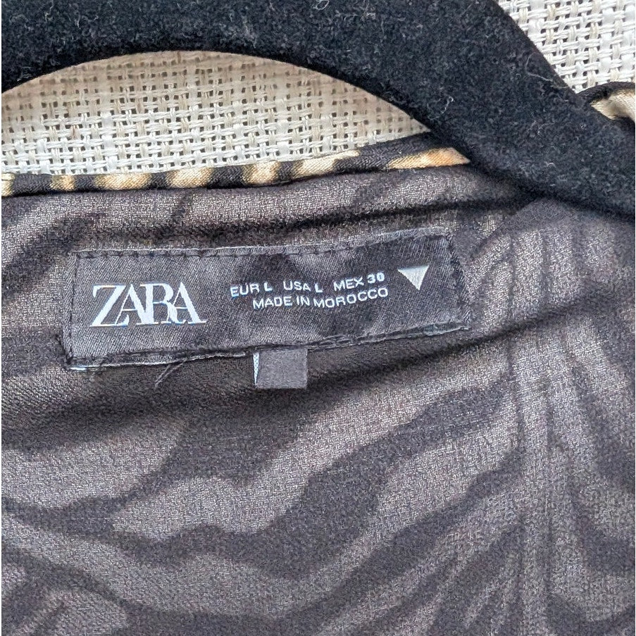 Zara Dress Womens L Cream/Black Animal print Long Sleeve Ruffle Wrap Style Mini