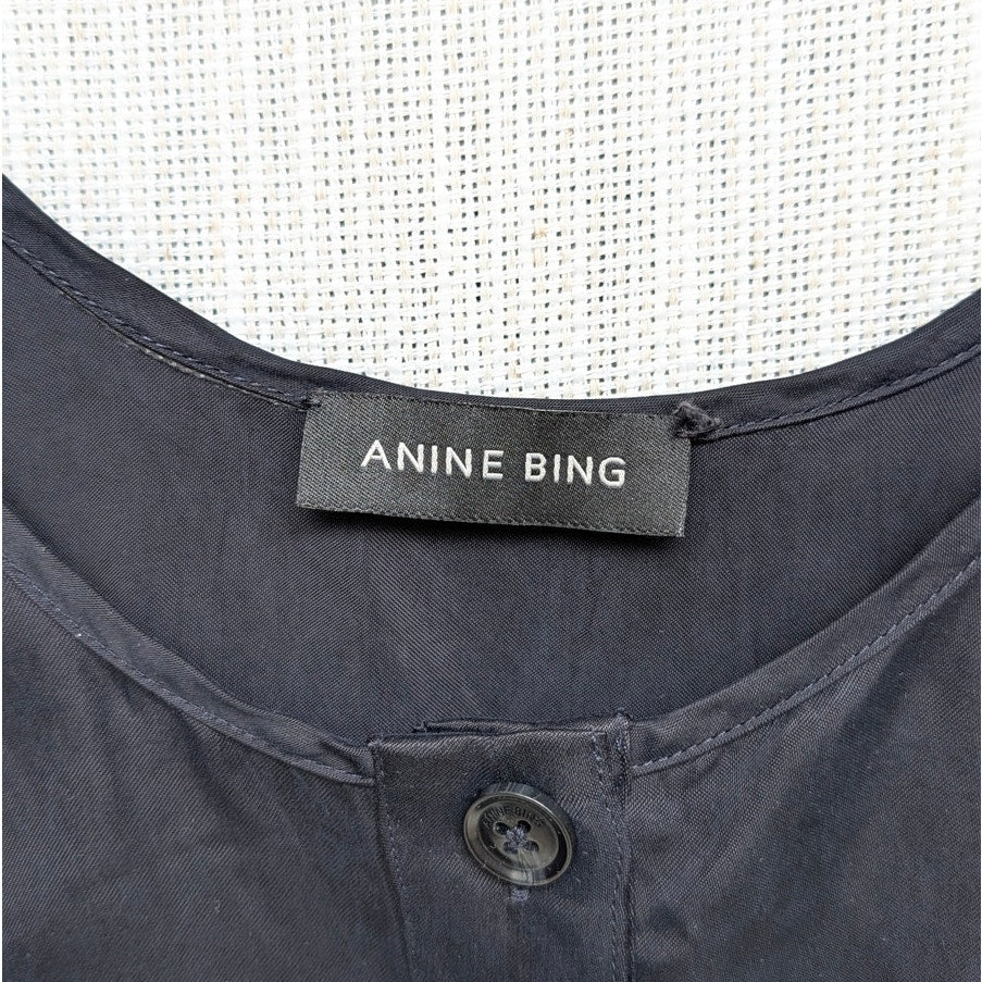 Anine Bing Evy Top Womens S Washed Black Henley Sleeveless Relaxed Tunic Polo