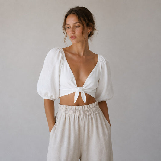 Posse Mia Linen Crop Top Womens S White Knot Detail V-neck Half Sleeve