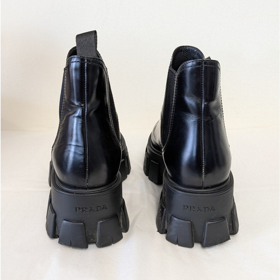 Prada Monolith Chelsea Leather Boots with Chunky Soles Womens EU 37.5/US 7.5
