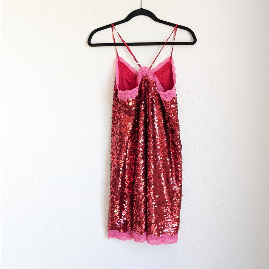 NWT Anthropologie Love Stories Willow Pink Lace Sequin Slip Short Dress, size S