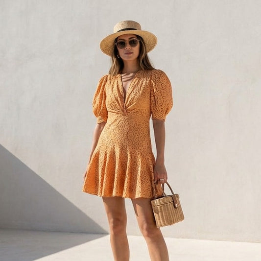 Sandro Kendal Broderie Anglaise Orange V-Neck Cotton Dress, size FR38/US6