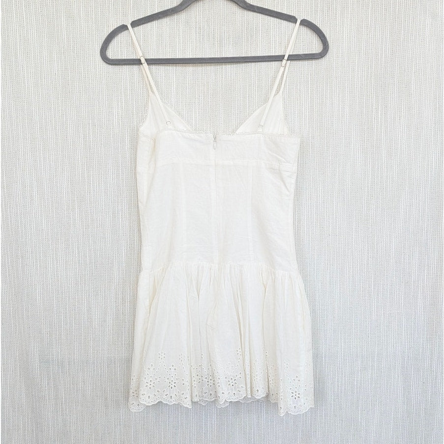 LPA Janelle Mini Dress Womens XS White Poplin Eyelet Ruffle Sleeveless