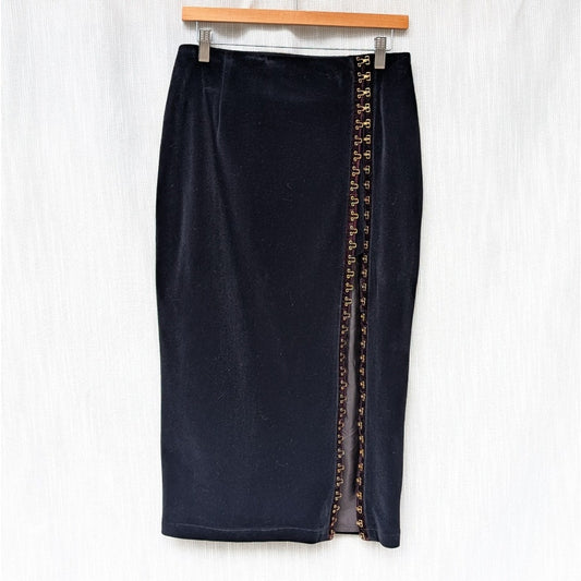 Gin Gin Paris Vintage Navy/Black Velvet Hook & Eye Front Pencil Midi Skirt, size S-M