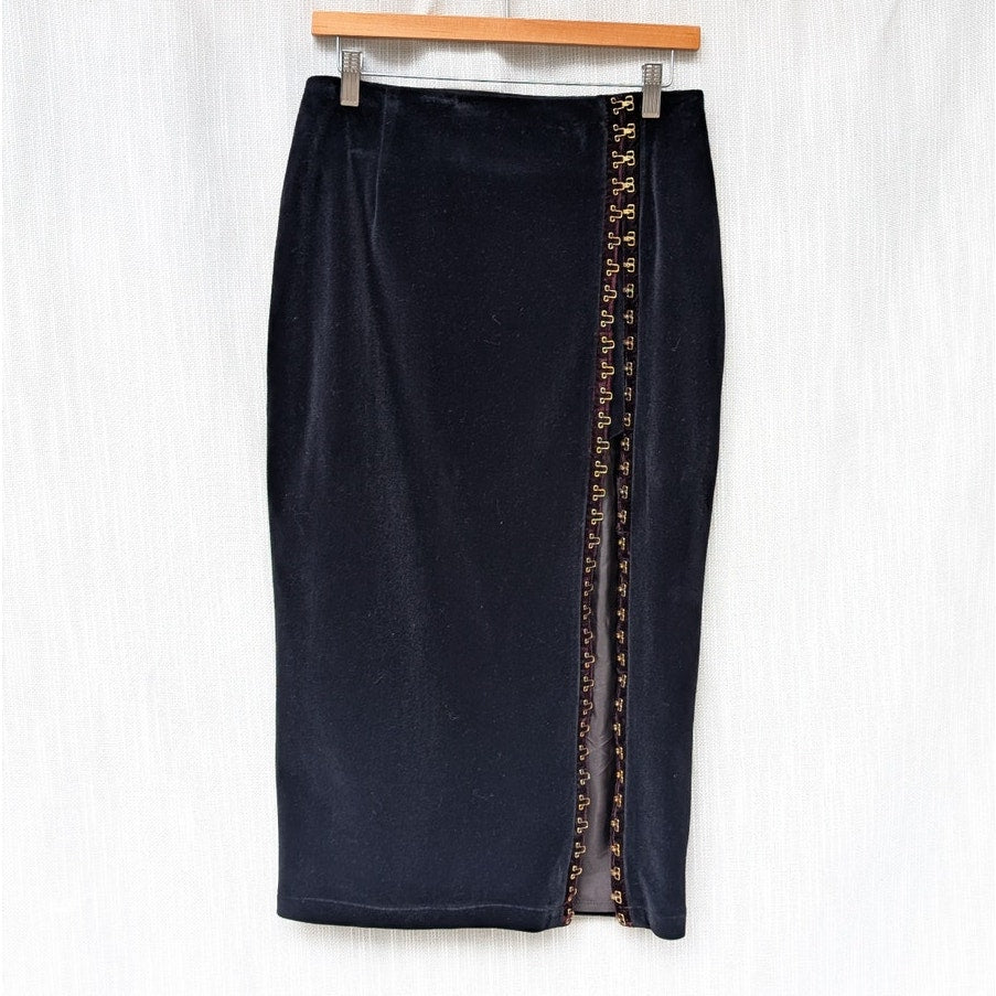 Gin Gin Paris Vintage Navy/Black Velvet Hook & Eye Front Pencil Midi Skirt, size S-M