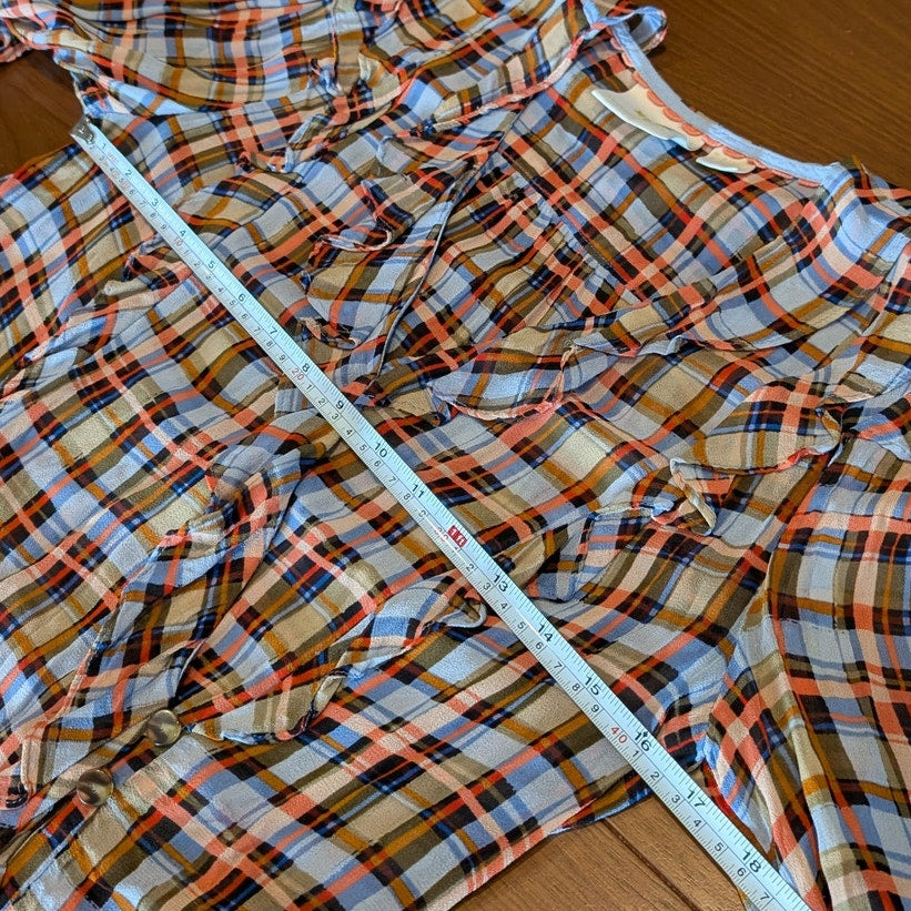Anthropologie Maeve Laila Chiffon Ruffle Plaid Long Sleeve Wrap Blouse, size 4