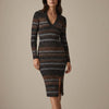 Reiss Sassy Metallic-Stripe Knit V-neck Long Sleeve Bodycon Midi Dress, size S