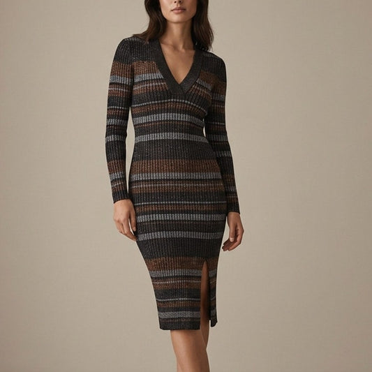 Reiss Sassy Metallic-Stripe Knit V-neck Long Sleeve Bodycon Midi Dress, size S