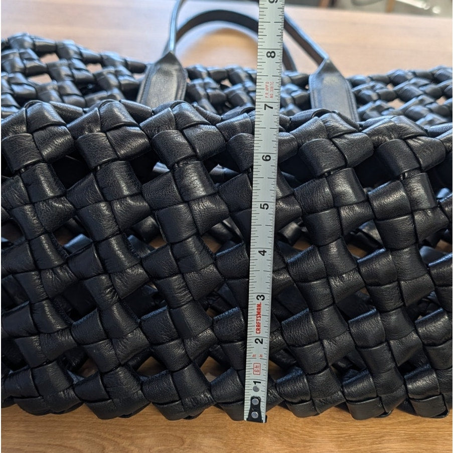 Black Genuine Leather Woven Tote Bag Large Shoulder Handbag Open Top Womens