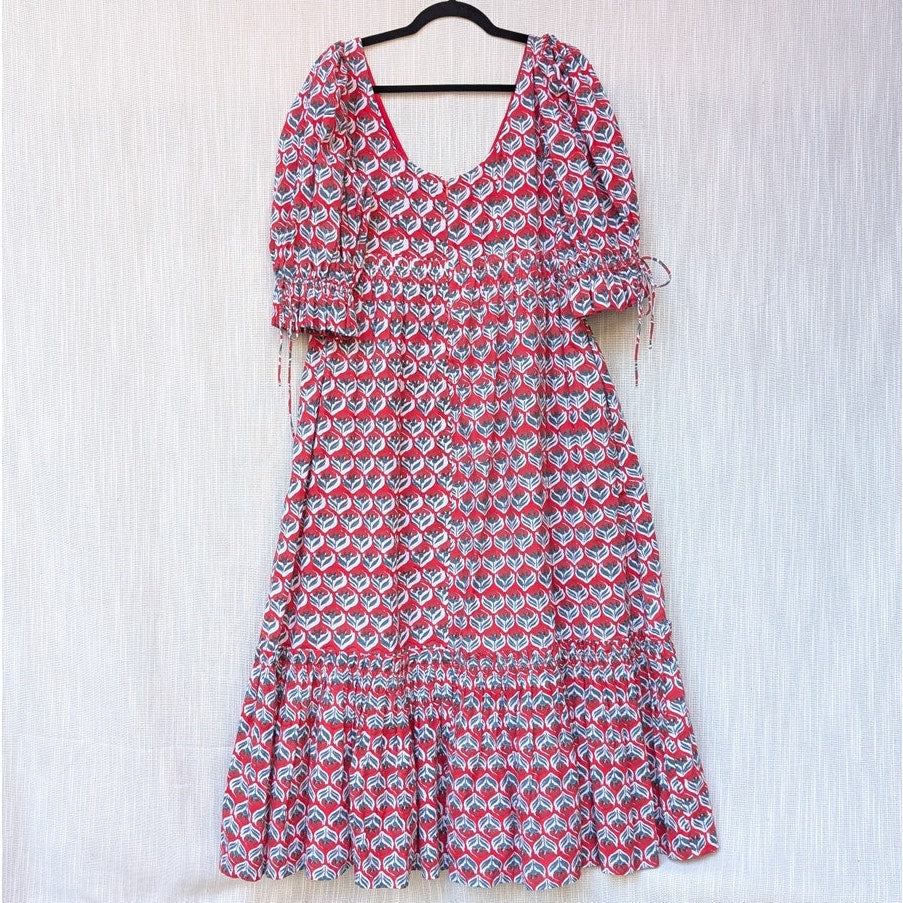 Eddy Hayley Red Floral Print Puff Sleeve Cotton Tiered Midi Dress, size L