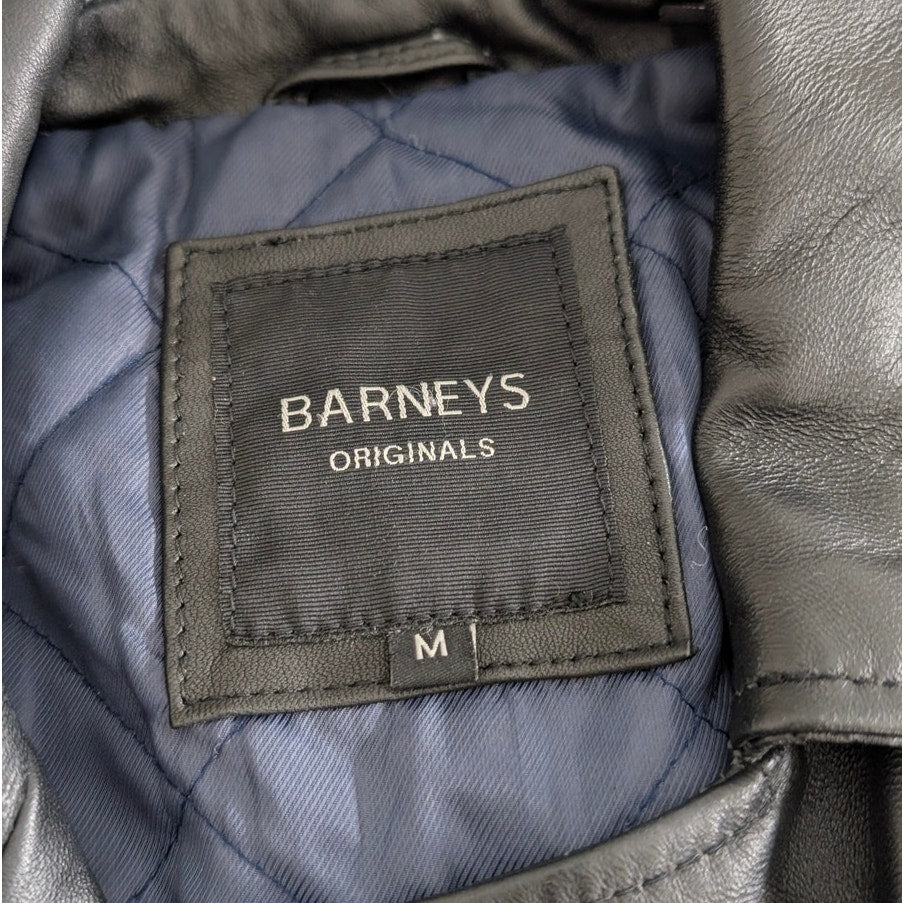 Barneys Men's Originals Black Leather Moto Biker Full Zip Jacket, size M