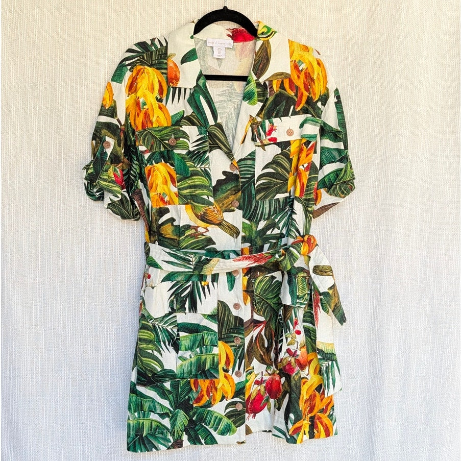 House of Harlow 1960 Dress Womens L Linen Blend Tropical Print Mini Shirt Dress
