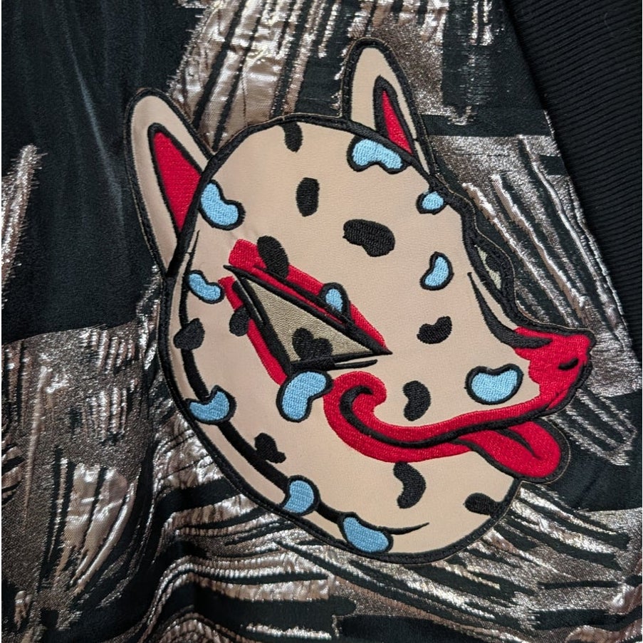 Katya Dobryakova Cat Appliqué Metallic Kimono Bomber Jacket M