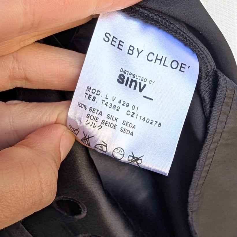 See by Chloe Silk Cutwork Detail Dress Womens 6 Black V-neck Short Sleeve Mini