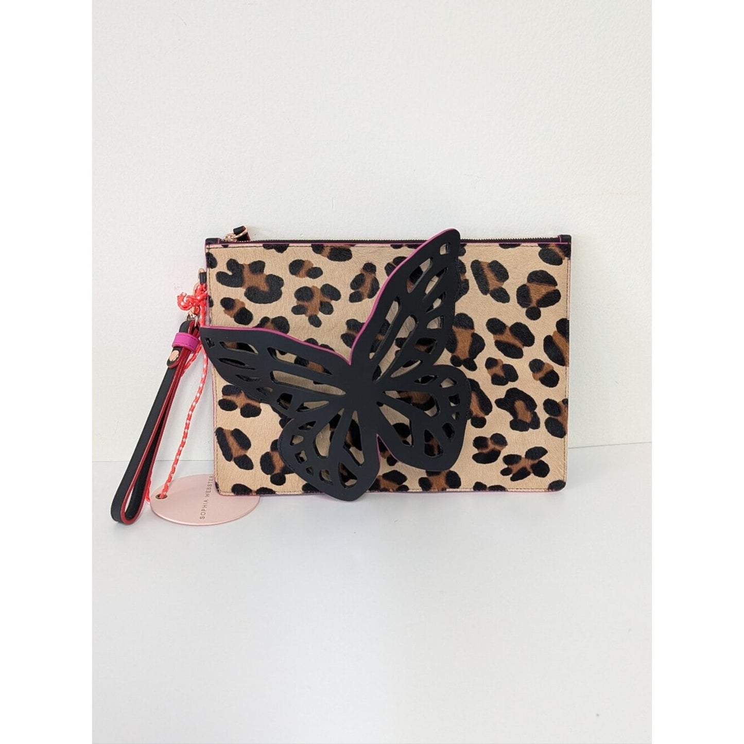 NWT Sophia Webster Flossy Leopard Fuchsia butterfly clutch