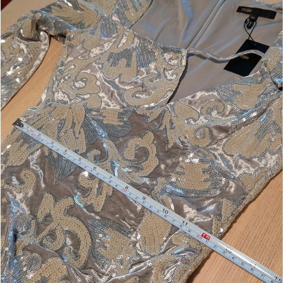 Maje Argent Raneli Dress FR 36/S Silver Sequin-embroidered Velvet Mini NWT
