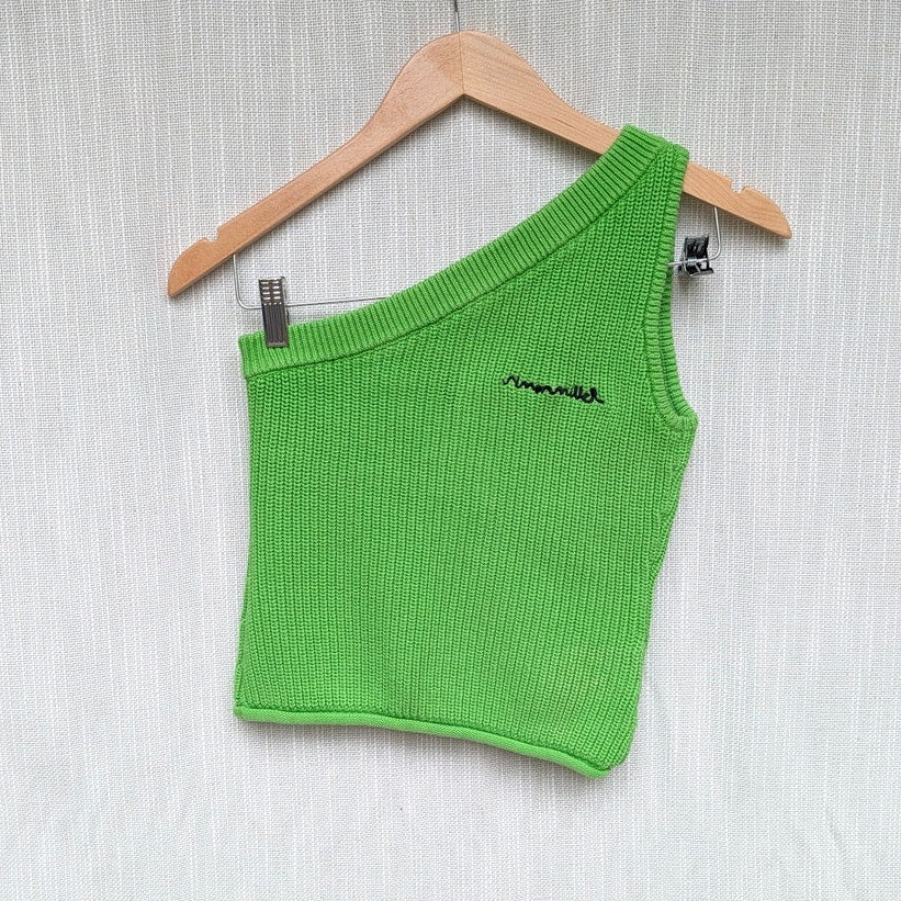 Simon Miller Zen Top Womens S Happy Green Knit Cotton One Shoulder Cropped Logo