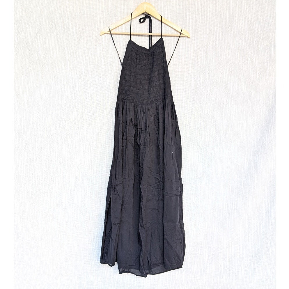 NWT AllSaints Iris Black Cotton Poplin Sleeveless Halter Neck Midi Dress, size 4