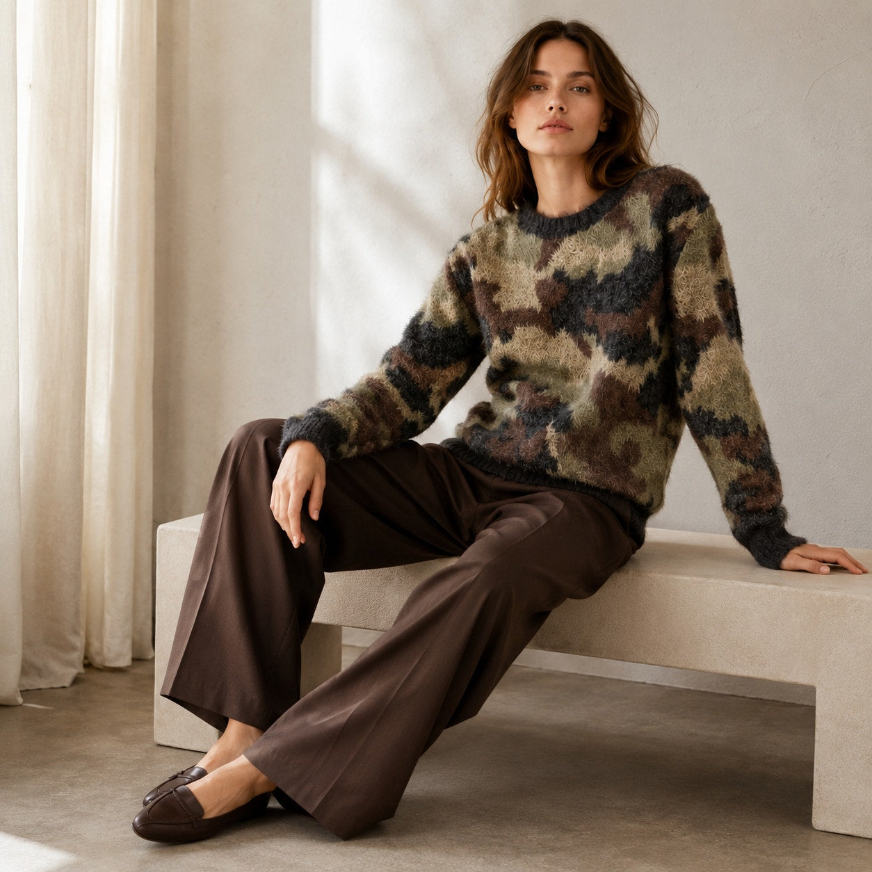 Anthropologie Cloth & Stone Camo Fuzzy Crewneck Pullover Sweater, size XS