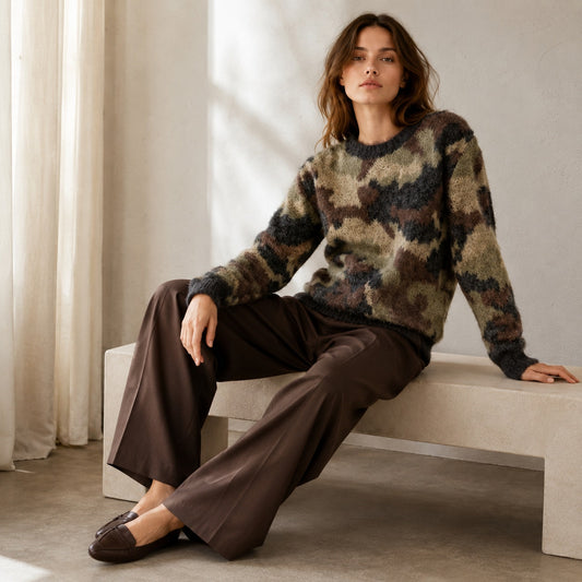 Anthropologie Cloth & Stone Camo Fuzzy Crewneck Pullover Sweater, size XS
