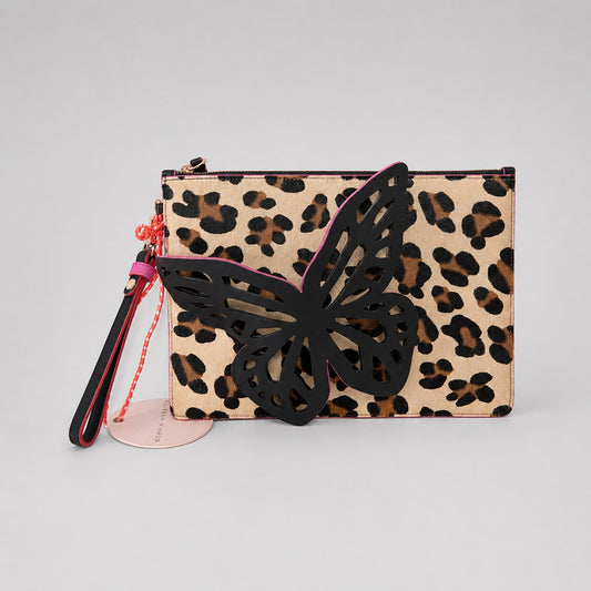 NWT Sophia Webster Flossy Leopard Fuchsia butterfly clutch
