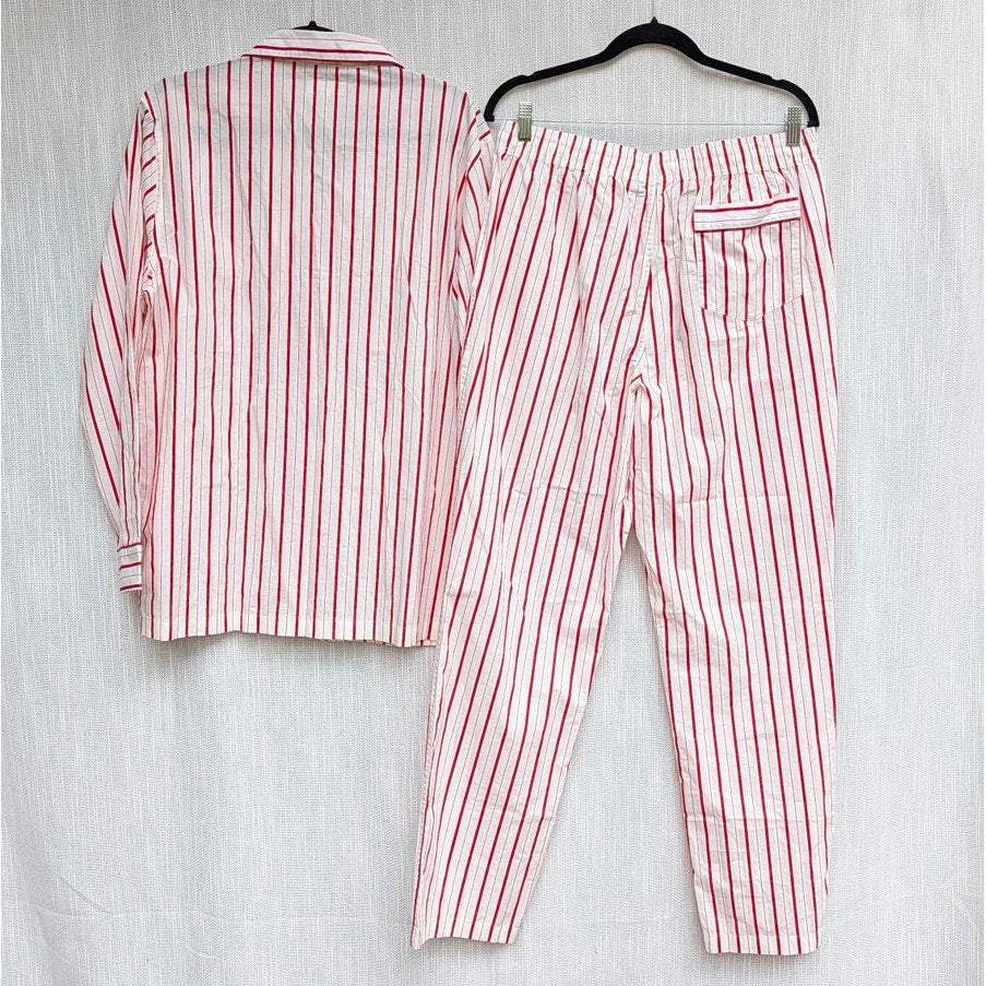 J.Crew Pajama Set in Cotton Poplin Womens M Ivory/Red Stripe Shirt & Pants NWOT