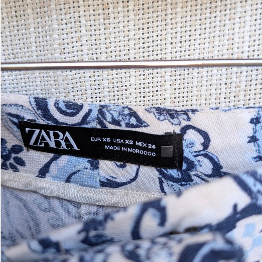Zara Pants Womens XS BLue Floral Print Linen Blend High-rise Wide Leg Full