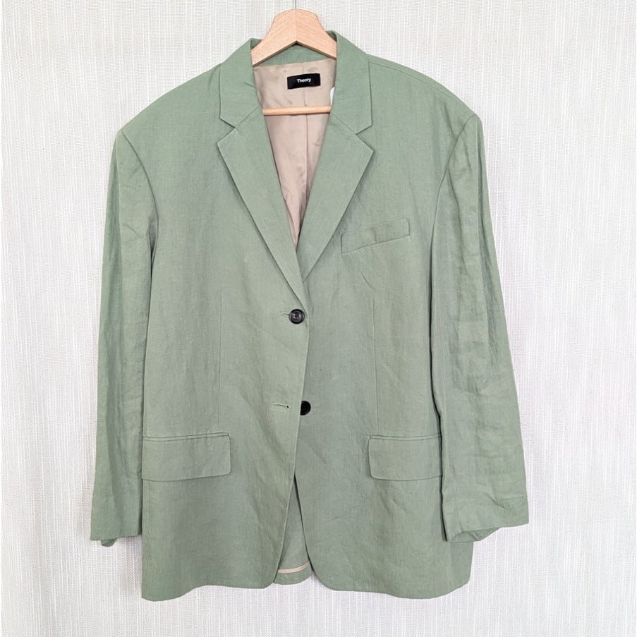 Theory Galena Boxy Oversized Linen Jacket Blazer Womens M/L Green Leaf NWT