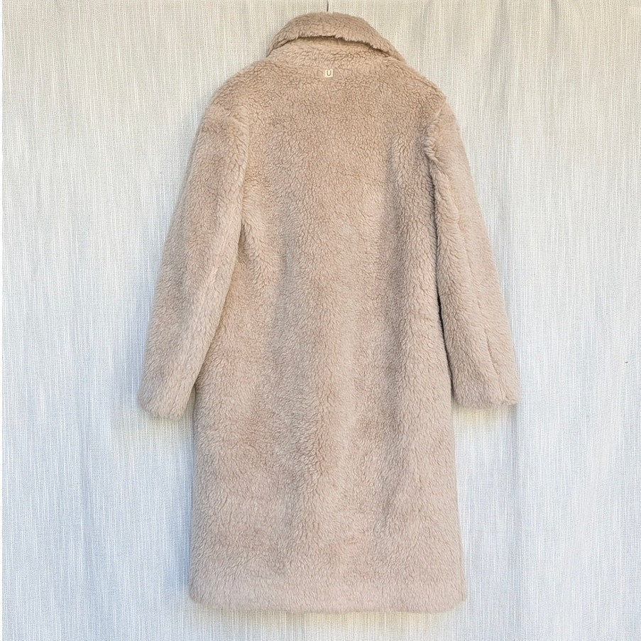 MATU Coat Womens S Beige Wool Faux Fur Teddy Long Sleeve Straight Cut Midi Long