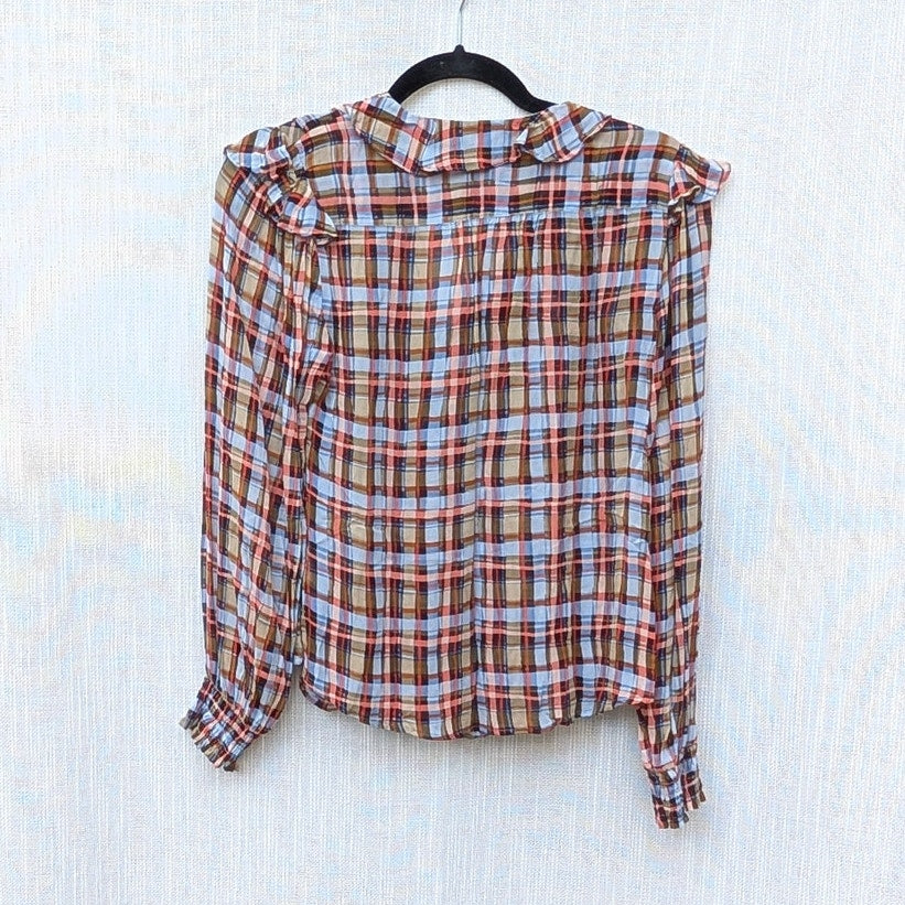 Anthropologie Maeve Laila Chiffon Ruffle Plaid Long Sleeve Wrap Blouse, size 4
