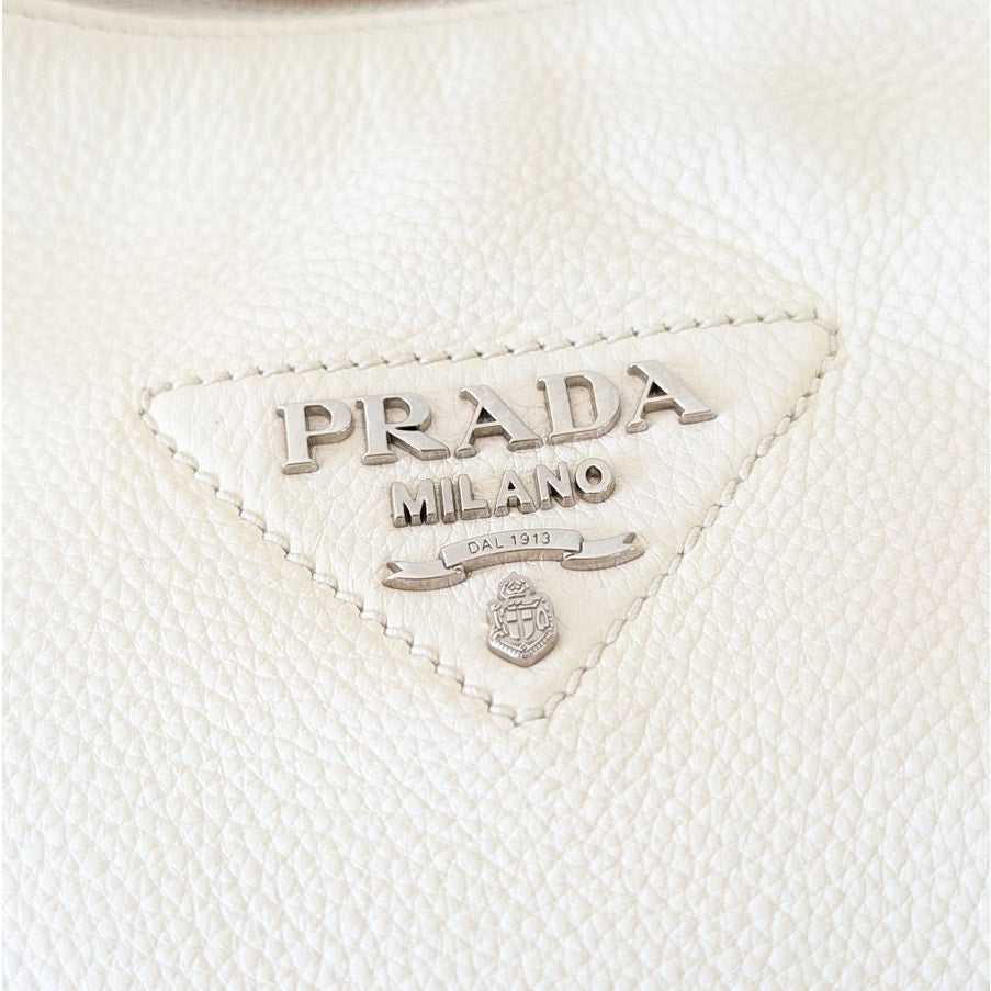 Prada Vitello Daino Leather Hobo Shoulder Bag Womens White Logo Zipper