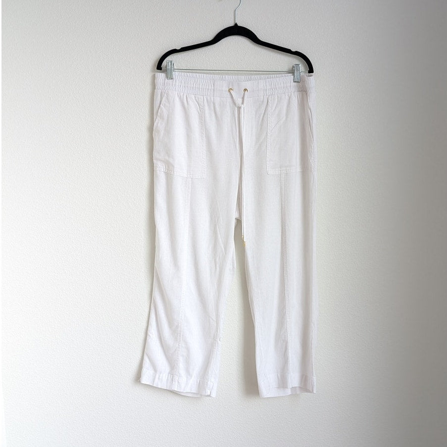 Ellen Tracy White Linen Blend Drawstring High-rise Cropped Wide Leg Pants, size L
