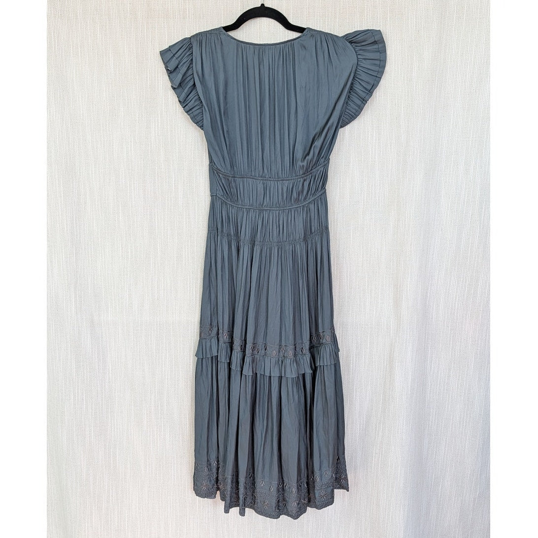 Ulla Johnson Claudia Midi Dress Womens 2 Slate Blue Pleated Tiered V-neck
