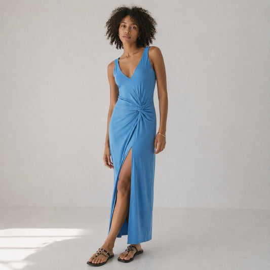 Rebecca Taylor Twist Modal Front Maxi Dress Womens M Blue Sleeveless V-neck NWT