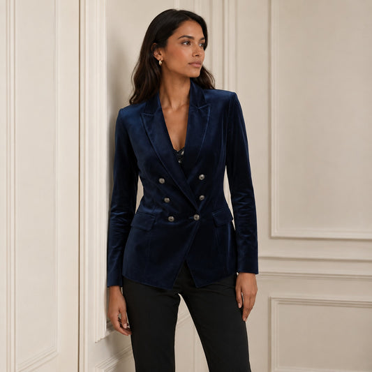 White House Black Market Double-Breasted Velvet Blazer Womens 4 Navy Long Sleeve