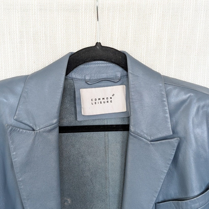 Common Leisure Power Blazer Suit Jacket Womens S Gray Blue Leather Oversized