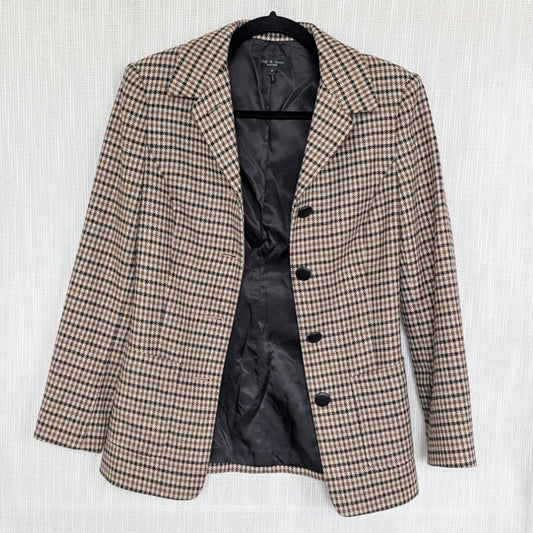 Rag&bone Drew Italian Houndstooth Wool Blazer Womens 0 Brown Single-breasted
