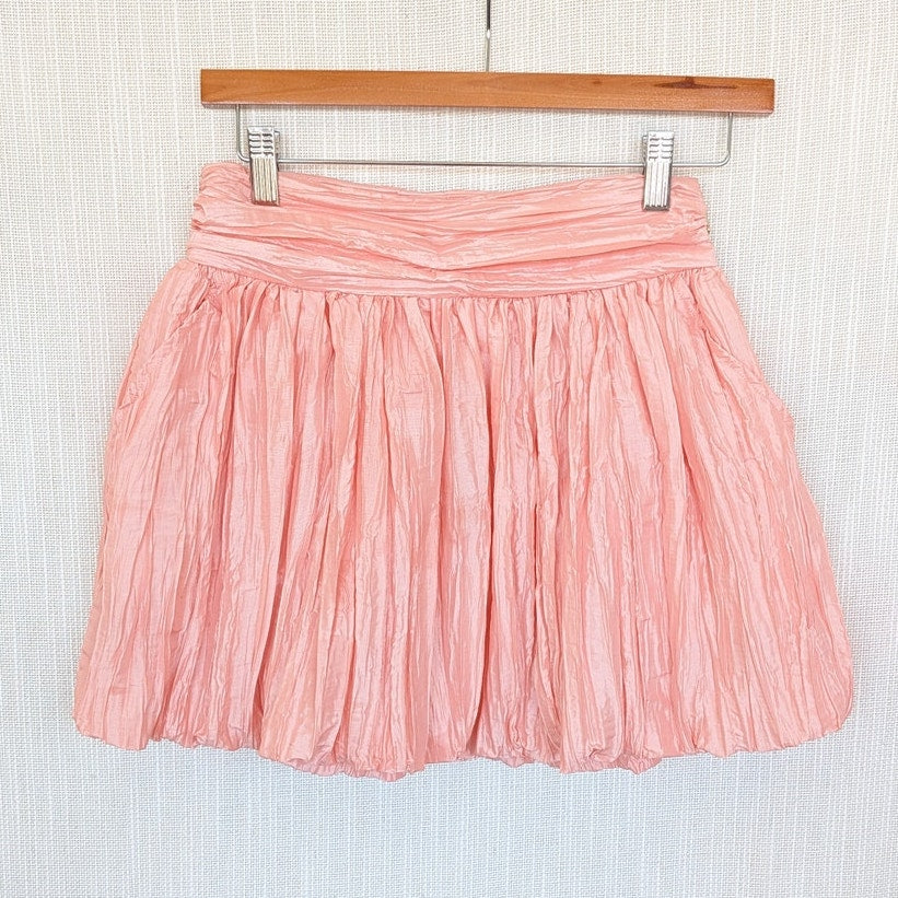 LoveShackFancy Roisen Skirt Womens 0 Pink Crinkled Taffeta A-line Mini