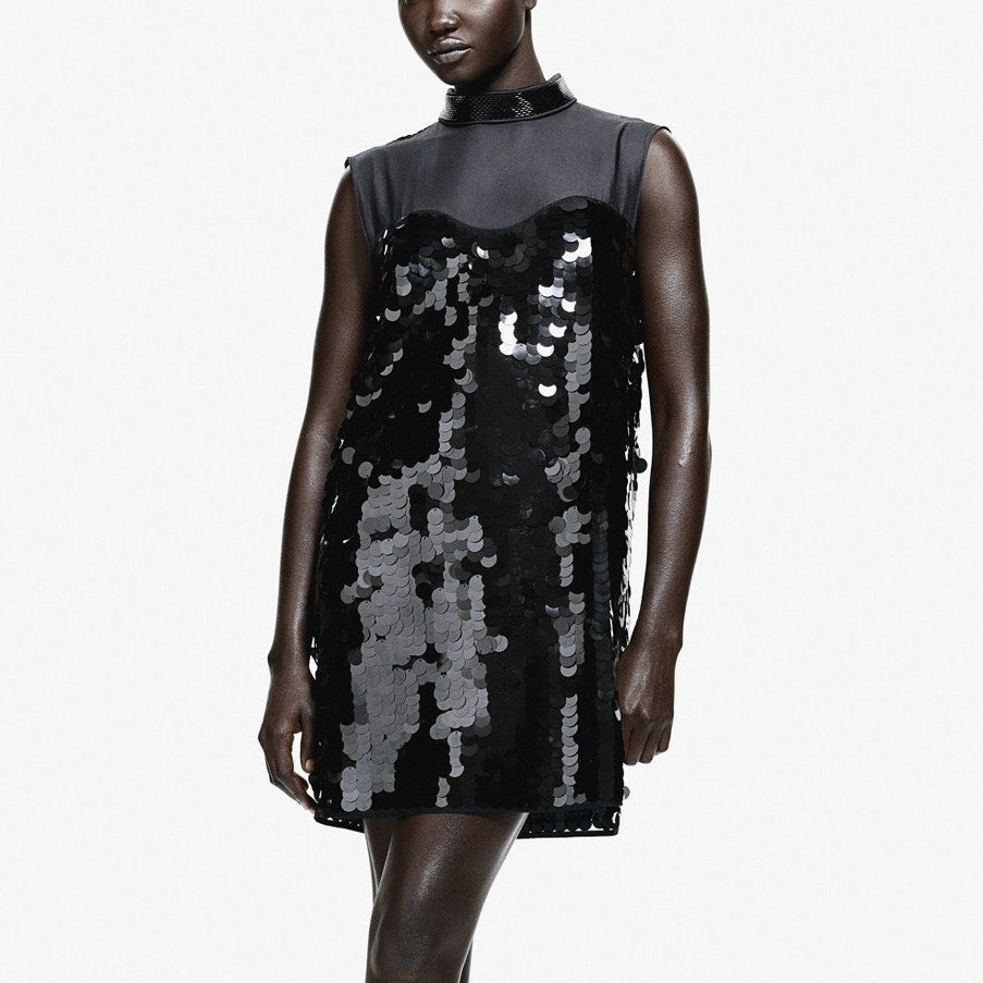 H&M Edition Dress Womens S  Sequin Beaded Sheer High Neck Sleeveless Sheath Mini