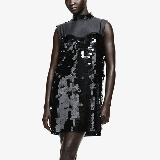 H&M Edition Dress Womens S  Sequin Beaded Sheer High Neck Sleeveless Sheath Mini