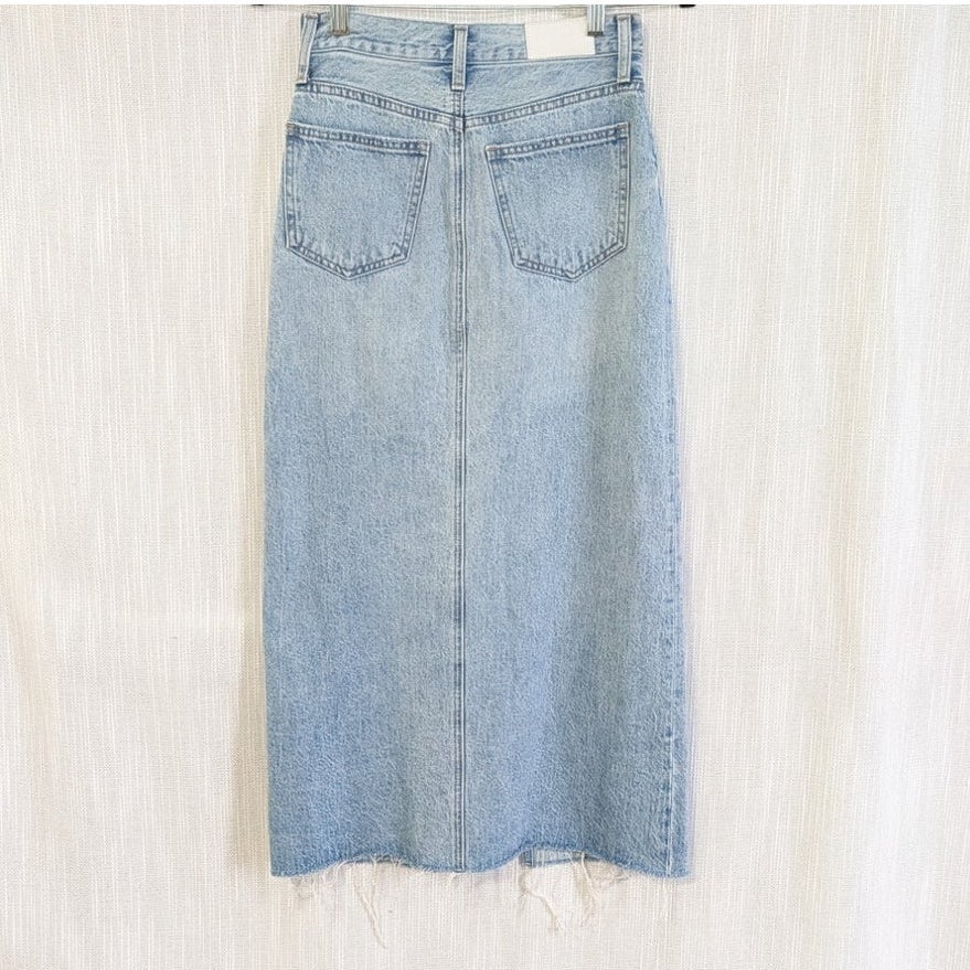 Pistola Alice Denim Midi Skirt Brooklyn Light Blue Front Slit Raw Hem Size 24
