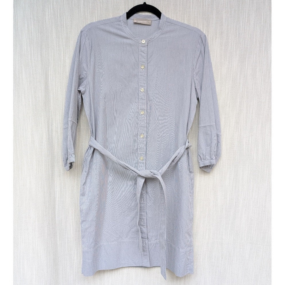 Everlane Blue Striped Cotton Weave Collarless Shirt Belt Midi Dress, size 2