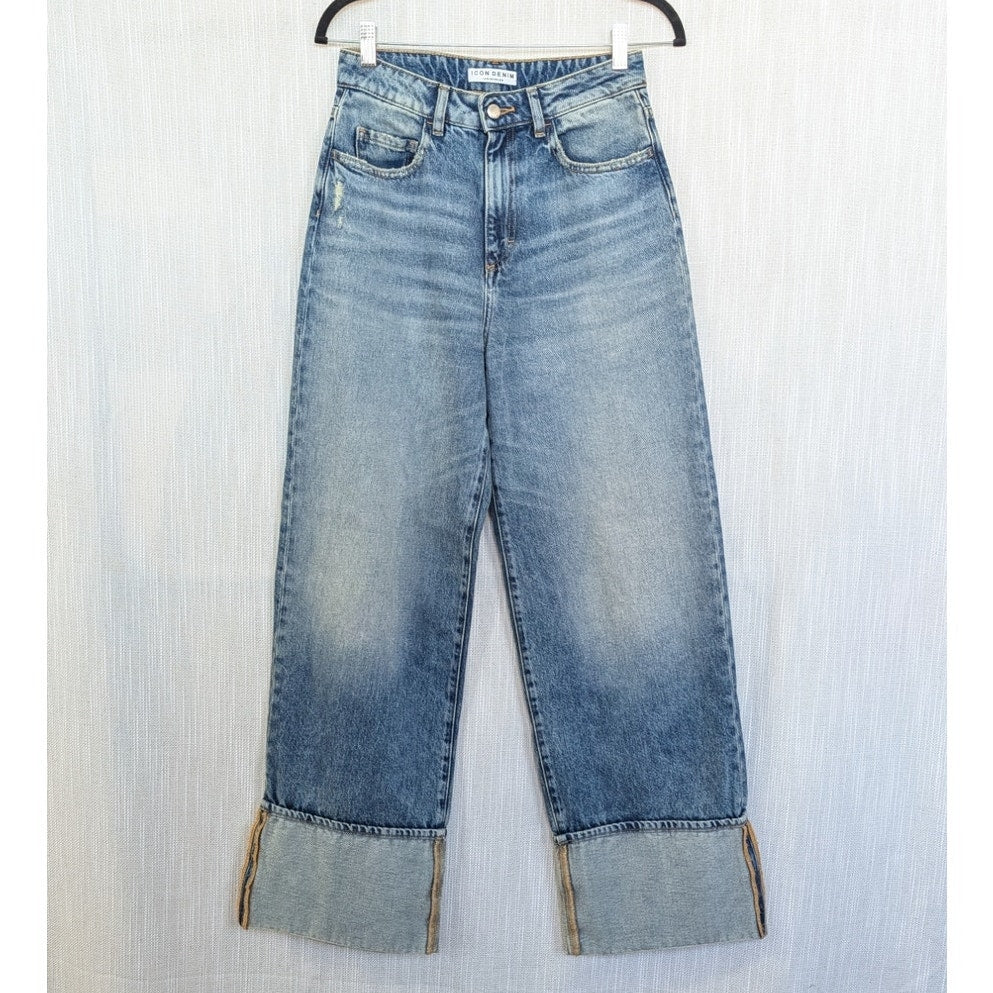 ICON DENIM LA Kiki Jeans Womens 25 Smoke BlueMid-rise Wide Leg Cuffed Hem